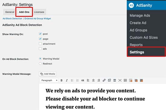 Impostazioni di rilevamento di AdSanity Ad Block