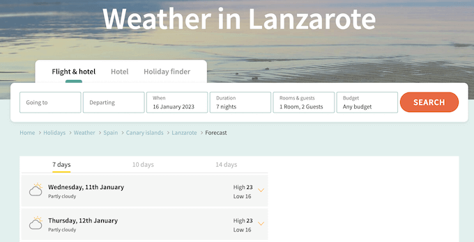 An example of a weather forecast on a booking form