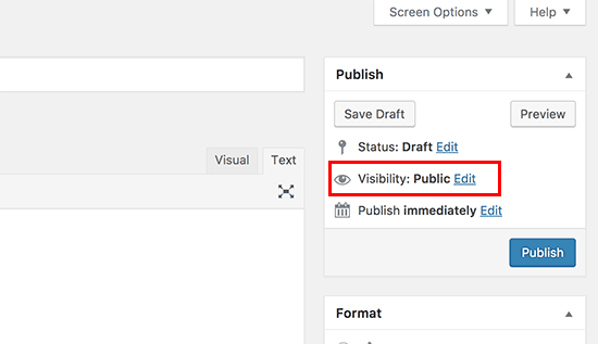 Edit visibility options of a blog post or page in WordPress