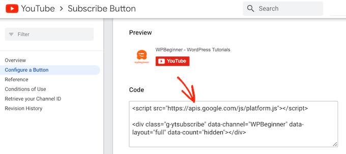 Код для встраивания кнопки подписки YouTube