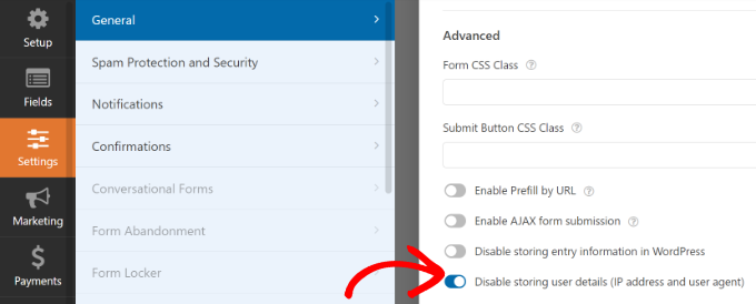 Disable storing user details-settings