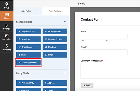 Campo Accordo GDPR in WPForms