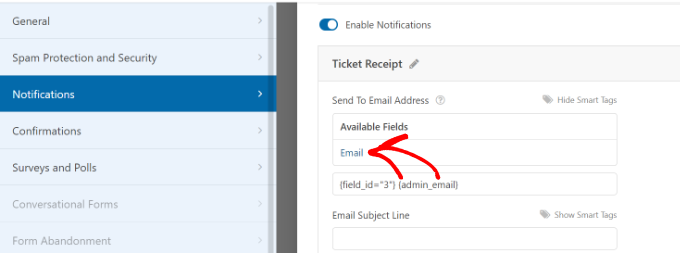 Select user email for notification