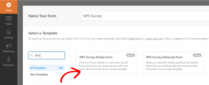 یک قالب فرم نظرسنجی NPS را انتخاب کنید