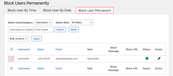 Scelta degli utenti da bloccare in modo permanente