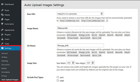 Auto upload images settings