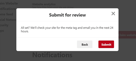 Submit website to review on Pinterest