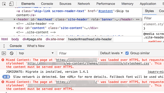 Using inspect tool to locate mixed content errors