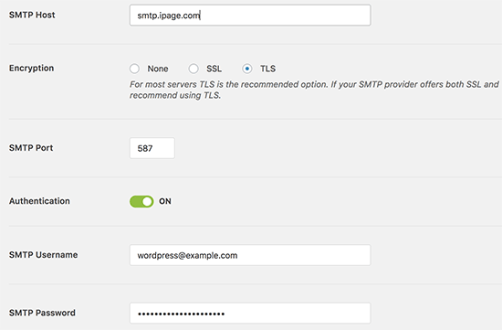 iPage SMTP settings for WP Mail SMTP