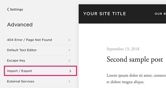 Export menu in Squarespace