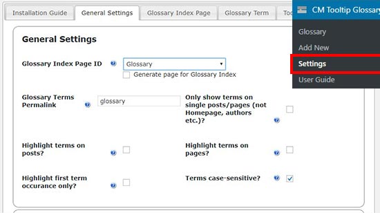 Glossary settings