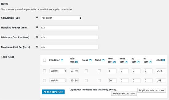 Table Rate Shipping settings