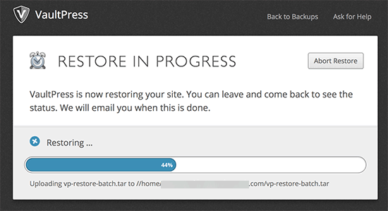VaultPress restore progress
