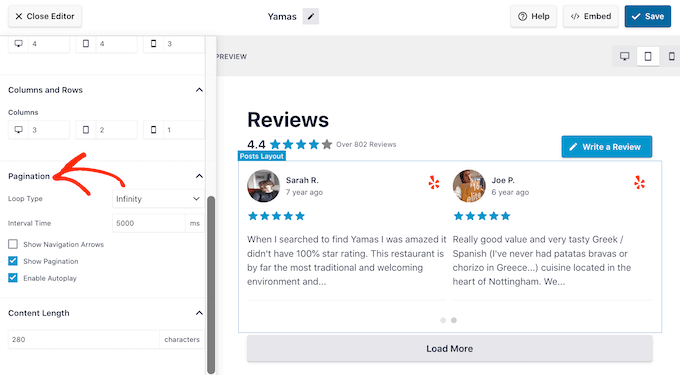 Showing reviews in a carousel layout