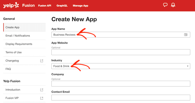 Creating a Yelp app in the Developers console