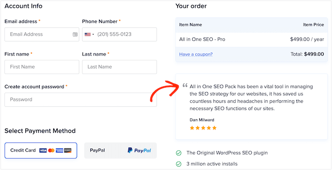 A custom checkout review page, with customer reviews
