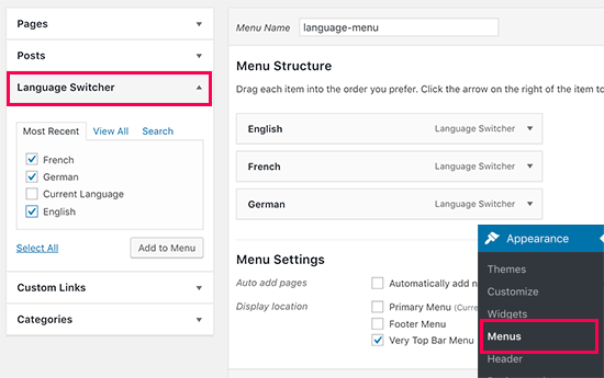Добавление переключателя языков в меню навигации WordPress