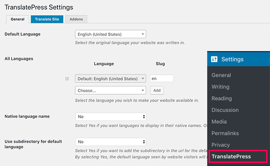 TranslatePress settings