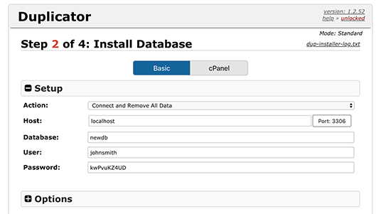 Enter your database information