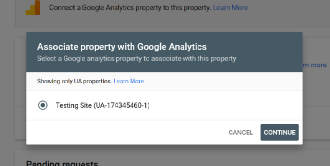 Escolha a propriedade associada do Google Analytics