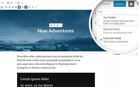 Fullscreen mode in new WordPress editor