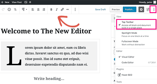 Mueve la barra de herramientas del bloque a la parte superior del editor