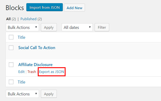 Export your WordPress block as JSON file