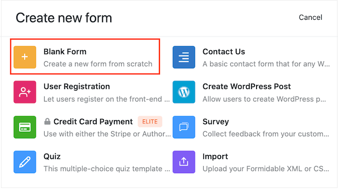 A blank Formidable Form template