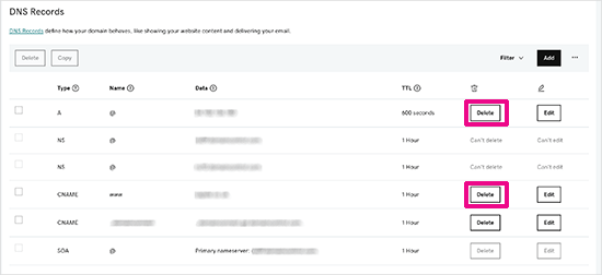 Delete DNS records Delete DNS records