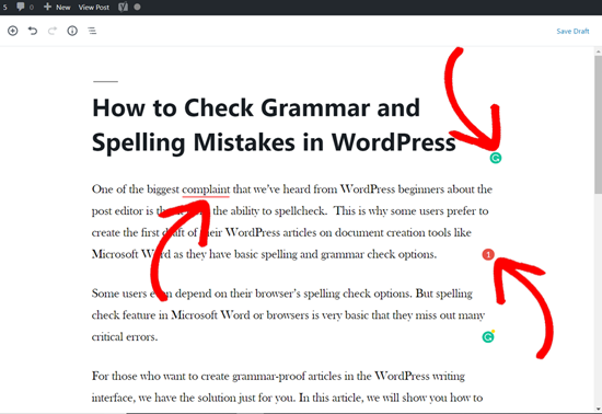 Предложения Grammarly в посте WordPress