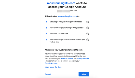 اجازه دهید MonsterInsights به حساب Google Analytics شما دسترسی پیدا کند