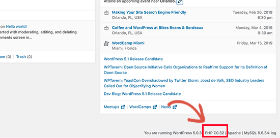 Versione PHP nella dashboard di amministrazione di WordPress