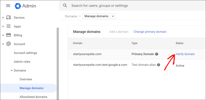 Verify domain from manage domains settings