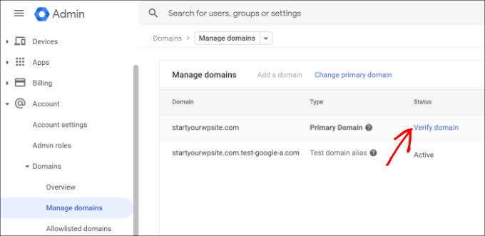 Confirm domain from handle domains settings