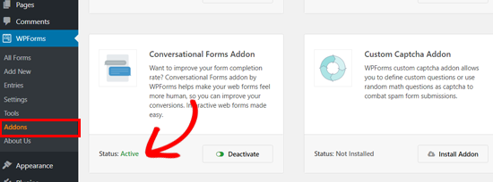 Аддон WPForms Conversational Forms активен