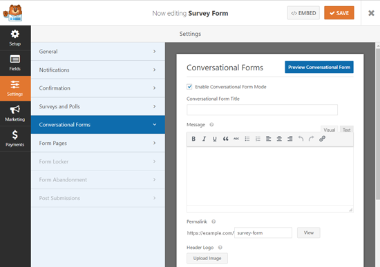 Conversational Form Landing Page Options WordPress