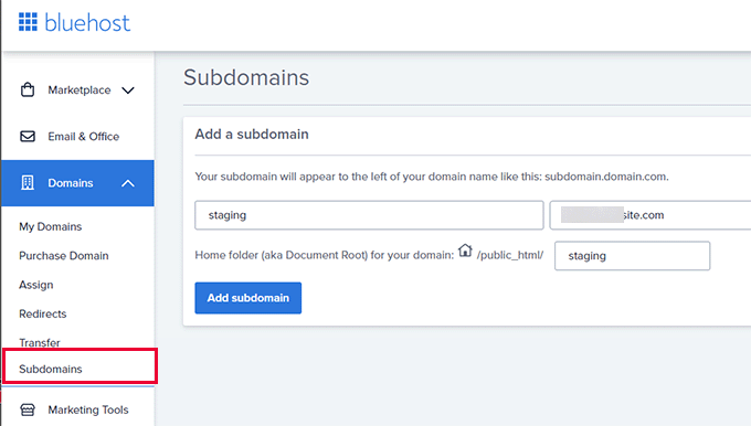 Staging subdomain