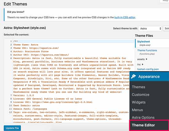 Theme editor in WordPress