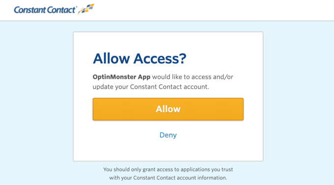 Allow OptinMonster to Access Your Constant Contact Account