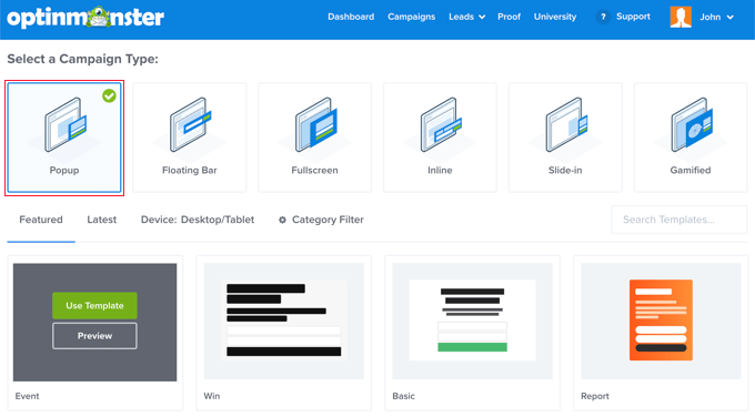 Choose Optin Type and Template