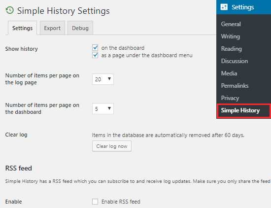 Simple History plugin settings page