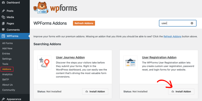 Install WPForms User Registration Add-on