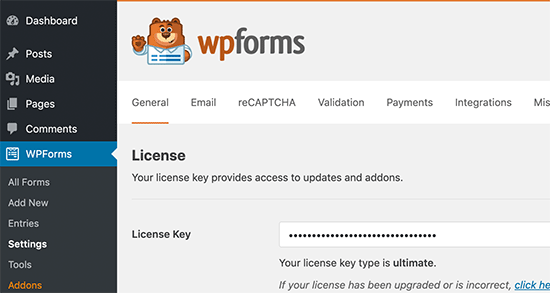Добавьте лицензионный ключ WPForms