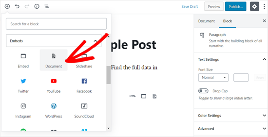 Add Document Block in WordPress Editor