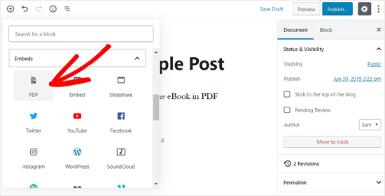 Wählen Sie PDF Embed Block im WordPress Post Editor