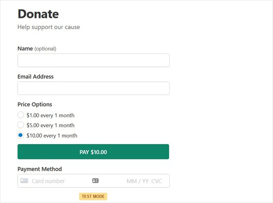 Live donation form from WP Simple Pay