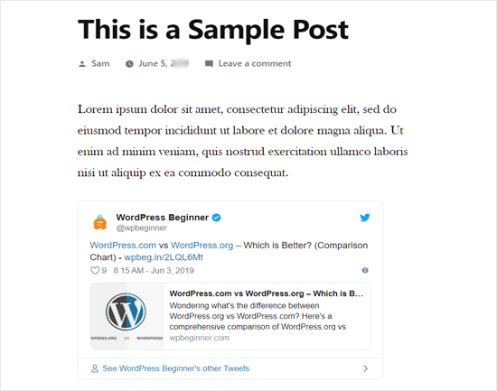 Tweet effettivo incorporato nell'anteprima del post del blog di WordPress