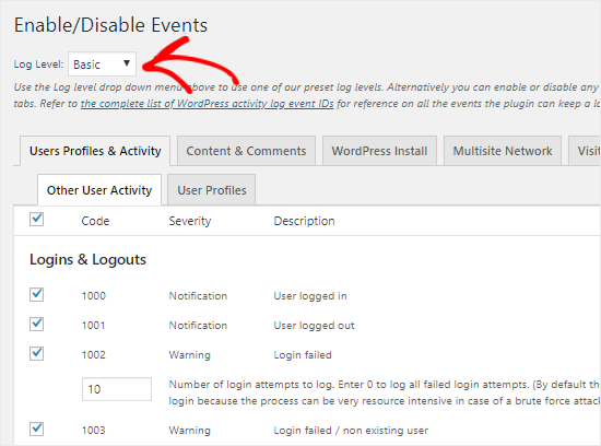 Enable or Disable Events to monitor