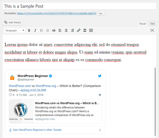 Tweet Embedded in Classic WordPress Editor