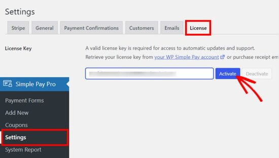 Добавьте лицензионный ключ WP Simple Pay